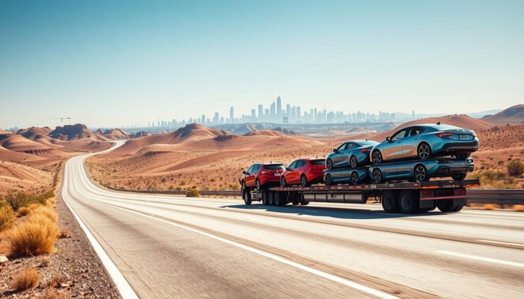A scenic vehicle transport route showcasing a long stretch of highway connecting Del Rio, Texas, to Los Angeles, California. In the foreground, a sleek transport truck is loaded with cars, displaying a gradient of colors from red to blue. The middle ground features rolling hills dotted with desert flora, with a clear sky above that casts warm, golden lighting across the landscape. In the background, the skyline of Los Angeles is faintly visible, hinting at the destination. The image conveys a sense of efficiency and reliability, reflecting the fast and secure nature of car shipping. The atmosphere is bright, inviting, and modern, with a focus on the open road and the journey itself, using a wide-angle lens perspective. A scenic vehicle transport route showcasing a long stretch of highway connecting Del Rio, Texas, to Los Angeles, California. In the foreground, a sleek transport truck is loaded with cars, displaying a gradient of colors from red to blue. The middle ground features rolling hills dotted with desert flora, with a clear sky above that casts warm, golden lighting across the landscape. In the background, the skyline of Los Angeles is faintly visible, hinting at the destination. The image conveys a sense of efficiency and reliability, reflecting the fast and secure nature of car shipping. The atmosphere is bright, inviting, and modern, with a focus on the open road and the journey itself, using a wide-angle lens perspective.