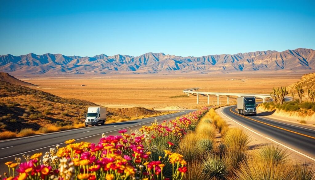 A scenic view of the Texas to California transport route, showcasing the journey from Sulphur Springs to Los Angeles. In the foreground, a winding highway lined with vibrant wildflowers and a few transport trucks subtly focused on, symbolizing car shipping. The middle ground features rolling hills transitioning into desert landscapes, with a clear blue sky overhead. In the background, Sierra Nevada mountains stretch into the distance, bathed in warm golden light, capturing the evening glow. The overall mood is one of freedom and adventure, evoking the ease of travel between Texas and California. The image should exhibit a slight depth of field, creating a cinematic effect, with natural lighting that highlights the beauty of the route.