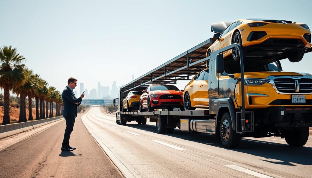 A scenic view showcasing a reliable vehicle transport service, featuring a sleek, well-maintained car carrier truck loaded with several cars in bright, vibrant colors. In the foreground, a professional driver, dressed in smart business attire, inspects the loaded cars, ensuring their safe transport. The middle of the image captures the car carrier truck on a smooth highway stretching from Port Arthur to Los Angeles, flanked by palm trees and a clear blue sky, projecting a sense of professionalism and trust. In the background, the distant outline of the Los Angeles skyline is visible, adding an urban touch. The lighting is bright and sunny, giving a warm, optimistic feel to the scene, highlighting the dependable nature of the transport service. The perspective is slightly elevated to capture the full length of the truck and create depth.