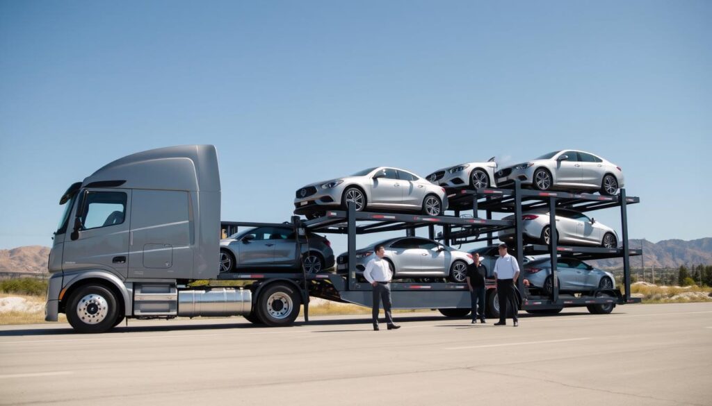 A serene landscape depicting a professional auto transport scene, showcasing a sleek car carrier truck loaded with vehicles ready for shipment from Georgetown, TX to Los Angeles. In the foreground, the truck gleams under bright sunlight, with a few cars securely strapped down on its multiple tiers. In the middle ground, a well-organized loading area with distinct signage adds a sense of professionalism, while a couple of employees, dressed in modest business casual attire, discuss logistics beside the vehicle carrier. The background features a clear blue sky and distant hills, conveying an atmosphere of reliability and efficiency. Use natural lighting to enhance the colors, with a slightly elevated angle to capture both the truck and the loading area, creating an inviting and trustworthy ambiance around auto transport services.