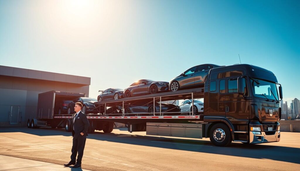 A sleek auto transport company truck parked near a modern loading dock, with vehicles being carefully loaded onto the carrier. In the foreground, a professional in business attire oversees the operation, ensuring each vehicle is secured. In the middle ground, the truck showcases a long, shiny trailer filled with various cars, highlighting a mix of sporty and family vehicles. The background includes a clear blue sky with a hint of city skyline in the distance, symbolizing the journey from Haltom City to Los Angeles. The scene is bathed in warm, afternoon sunlight, creating a sense of trust and professionalism, with a smooth depth of field focusing on the truck and the loading process.