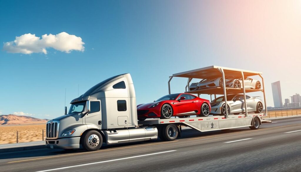 A sleek car carrier truck on a highway, hauling several luxury vehicles securely in an open-air trailer, showcasing a reliable car shipping service. In the foreground, focus on the truck, which has a polished metallic finish, reflecting sunlight. In the middle ground, depict the various cars in vibrant colors, like red, blue, and silver, positioned perfectly to highlight their sleek designs. The background should feature a clear blue sky with a few fluffy white clouds and expansive desert landscapes typical of Texas, transitioning into urban Los Angeles skyline in the distance. Use bright, natural lighting to convey a sense of trust and professionalism. The overall atmosphere should feel dynamic and efficient, representing reliable transportation services.