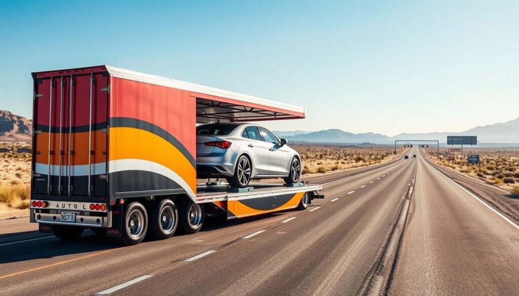 A sleek, modern auto transport truck, showcasing a well-maintained car securely loaded, positioned prominently in the foreground. The truck is painted in vibrant, professional colors, emphasizing its capability and reliability. In the middle ground, a busy open highway stretches towards the horizon, illustrating a journey from Snyder, TX to Los Angeles. The backdrop features a picturesque desert landscape under a clear blue sky, invoking a sense of long-distance travel. Soft, natural sunlight casts gentle shadows, enhancing the depth of the scene. The overall mood is one of professionalism and dependability, reflecting the quality of car shipping services. No human figures are present, ensuring a clean focus on the vehicle and setting. A sleek, modern auto transport truck, showcasing a well-maintained car securely loaded, positioned prominently in the foreground. The truck is painted in vibrant, professional colors, emphasizing its capability and reliability. In the middle ground, a busy open highway stretches towards the horizon, illustrating a journey from Snyder, TX to Los Angeles. The backdrop features a picturesque desert landscape under a clear blue sky, invoking a sense of long-distance travel. Soft, natural sunlight casts gentle shadows, enhancing the depth of the scene. The overall mood is one of professionalism and dependability, reflecting the quality of car shipping services. No human figures are present, ensuring a clean focus on the vehicle and setting.