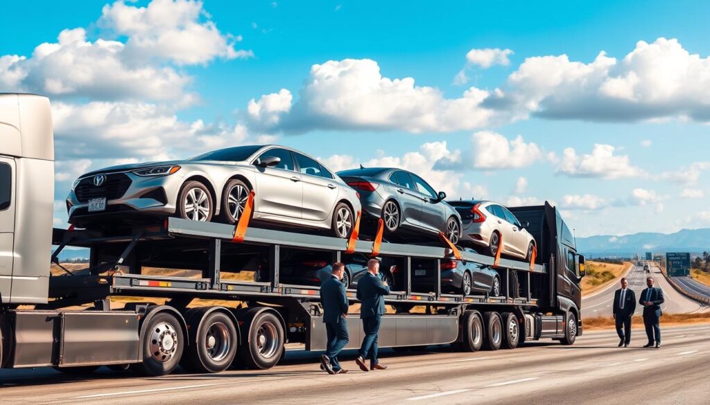 A sleek, modern car carrier truck is depicted in the foreground, efficiently loaded with multiple vehicles, showcasing a diverse range of cars from luxury sedans to family SUVs, all secured with professional-grade straps. In the middle ground, a team of well-dressed transport professionals in business attire is carefully inspecting the cars, demonstrating attention to detail and the care taken during transport. The background captures a scenic view of the open highway stretching towards Los Angeles, under a vibrant blue sky with soft, fluffy clouds, conveying a sense of speed and freedom. The lighting is bright and natural, creating an uplifting and professional atmosphere, highlighting the reliability and security of professional auto transport services. The image is shot from a slightly elevated angle to provide a comprehensive view of the scene. A sleek, modern car carrier truck is depicted in the foreground, efficiently loaded with multiple vehicles, showcasing a diverse range of cars from luxury sedans to family SUVs, all secured with professional-grade straps. In the middle ground, a team of well-dressed transport professionals in business attire is carefully inspecting the cars, demonstrating attention to detail and the care taken during transport. The background captures a scenic view of the open highway stretching towards Los Angeles, under a vibrant blue sky with soft, fluffy clouds, conveying a sense of speed and freedom. The lighting is bright and natural, creating an uplifting and professional atmosphere, highlighting the reliability and security of professional auto transport services. The image is shot from a slightly elevated angle to provide a comprehensive view of the scene.