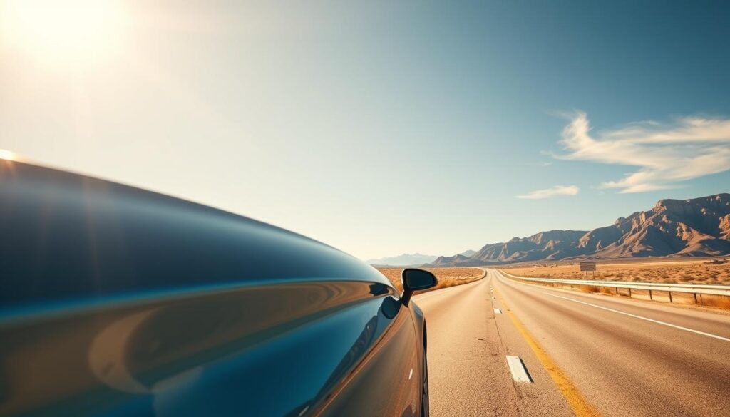 A sleek, modern car parked on a sun-drenched highway, symbolizing a journey from Alice, Texas to Los Angeles. In the foreground, the car gleams under the afternoon sun, showcasing its polished exterior with a vibrant blue color. In the middle ground, a winding road stretches into the distance, flanked by desert landscapes on one side and rugged mountains on the other, capturing the essence of the Texas and California terrain. The background reveals a clear, expansive sky with a few wispy clouds, emphasizing a sense of freedom and adventure. The lighting is warm and inviting, creating a hopeful atmosphere. Frame the scene with a low-angle shot, drawing focus to the car while making the landscape feel vast and open, inviting the viewer to envision their own road trip. A sleek, modern car parked on a sun-drenched highway, symbolizing a journey from Alice, Texas to Los Angeles. In the foreground, the car gleams under the afternoon sun, showcasing its polished exterior with a vibrant blue color. In the middle ground, a winding road stretches into the distance, flanked by desert landscapes on one side and rugged mountains on the other, capturing the essence of the Texas and California terrain. The background reveals a clear, expansive sky with a few wispy clouds, emphasizing a sense of freedom and adventure. The lighting is warm and inviting, creating a hopeful atmosphere. Frame the scene with a low-angle shot, drawing focus to the car while making the landscape feel vast and open, inviting the viewer to envision their own road trip.