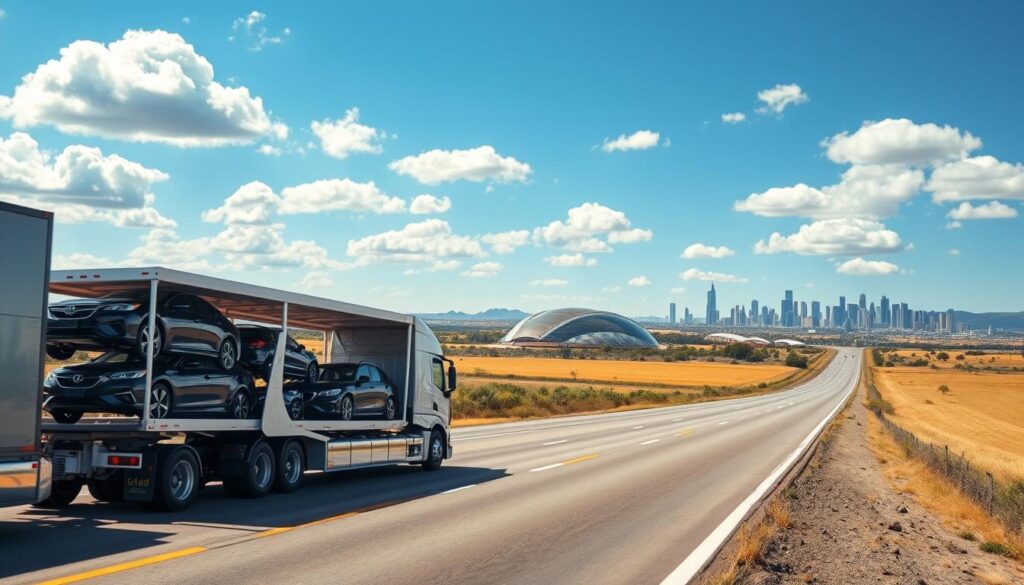 A sleek, modern car transport truck is prominently positioned in the foreground, showcasing a white transport trailer loaded with various vehicles, including sedans and SUVs. The middle ground features a scenic highway stretching through the Texas landscape, with open fields and distant hills under a bright blue sky dotted with fluffy white clouds. In the background, the skyline of Los Angeles can be subtly glimpsed, hinting at the destination. The lighting is warm and inviting, suggesting a sunny day ideal for travel. The overall atmosphere conveys professionalism and reliability, emphasizing the importance of choosing expert car shipping services for a seamless transition between locations. No people are present, maintaining a focus on the transport vehicle and its surroundings. A sleek, modern car transport truck is prominently positioned in the foreground, showcasing a white transport trailer loaded with various vehicles, including sedans and SUVs. The middle ground features a scenic highway stretching through the Texas landscape, with open fields and distant hills under a bright blue sky dotted with fluffy white clouds. In the background, the skyline of Los Angeles can be subtly glimpsed, hinting at the destination. The lighting is warm and inviting, suggesting a sunny day ideal for travel. The overall atmosphere conveys professionalism and reliability, emphasizing the importance of choosing expert car shipping services for a seamless transition between locations. No people are present, maintaining a focus on the transport vehicle and its surroundings.