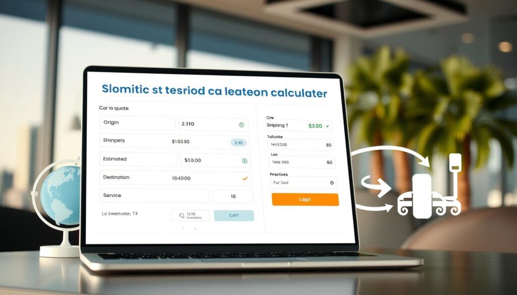 A sleek, modern instant quote calculator interface designed for car shipping, prominently displayed in the foreground. The interface includes input fields for origin and destination, estimated shipping costs, and service options. In the middle, a laptop is set atop a stylish desk, surrounded by car shipping related icons such as a globe, a car, and arrows indicating movement from Sweetwater, TX to Los Angeles. The background features a blurred cityscape of Los Angeles with palm trees, giving a sense of location. Soft, natural lighting highlights the calculator, creating a professional yet approachable atmosphere, with a slight depth of field focused on the calculator. The overall mood is efficient and user-friendly, showcasing the simplicity of car shipping logistics. A sleek, modern instant quote calculator interface designed for car shipping, prominently displayed in the foreground. The interface includes input fields for origin and destination, estimated shipping costs, and service options. In the middle, a laptop is set atop a stylish desk, surrounded by car shipping related icons such as a globe, a car, and arrows indicating movement from Sweetwater, TX to Los Angeles. The background features a blurred cityscape of Los Angeles with palm trees, giving a sense of location. Soft, natural lighting highlights the calculator, creating a professional yet approachable atmosphere, with a slight depth of field focused on the calculator. The overall mood is efficient and user-friendly, showcasing the simplicity of car shipping logistics.