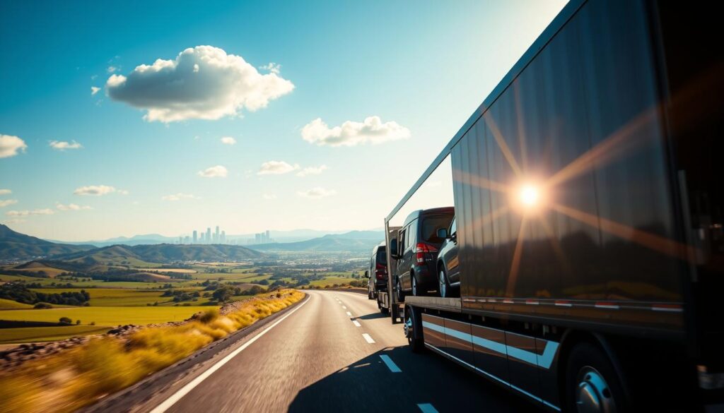 A sleek, professional auto transport truck loaded with several cars glides down a sunlit highway. In the foreground, the truck is prominently displayed, showcasing its shiny exterior and branded side panels. In the middle ground, a stretch of beautiful American landscape unfolds, with rolling hills and green fields reflecting a clear blue sky. Fluffy white clouds float peacefully above. The background features the distant silhouette of urban Los Angeles, hinting at the destination. The scene is bathed in warm, golden afternoon light, giving it an inviting atmosphere. A slight lens flare adds a dynamic touch, emphasizing movement and reliability. The overall mood is one of professionalism and efficiency, embodying the essence of trusted auto transport services.