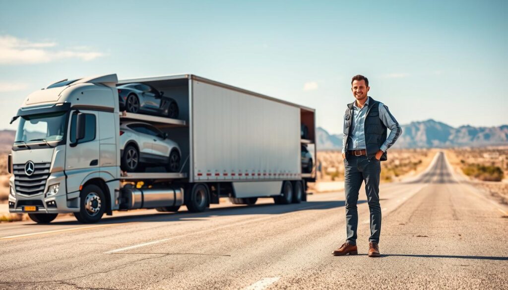A smooth and reliable transport scene depicting a modern car shipping truck parked in a sunny Uvalde, TX setting, with the truck's side displaying various vehicles securely loaded, including compact cars and SUVs. In the foreground, a friendly, professional driver in smart casual attire inspects the truck. The middle ground features an open road stretching into the distance, symbolizing the journey to Los Angeles. In the background, picturesque desert mountains and a clear blue sky highlight the Texas landscape. Soft, natural lighting casts gentle shadows, creating a warm and inviting atmosphere, while a slight lens blur enhances the focus on the truck and driver, emphasizing reliability and professionalism in car shipping services.
