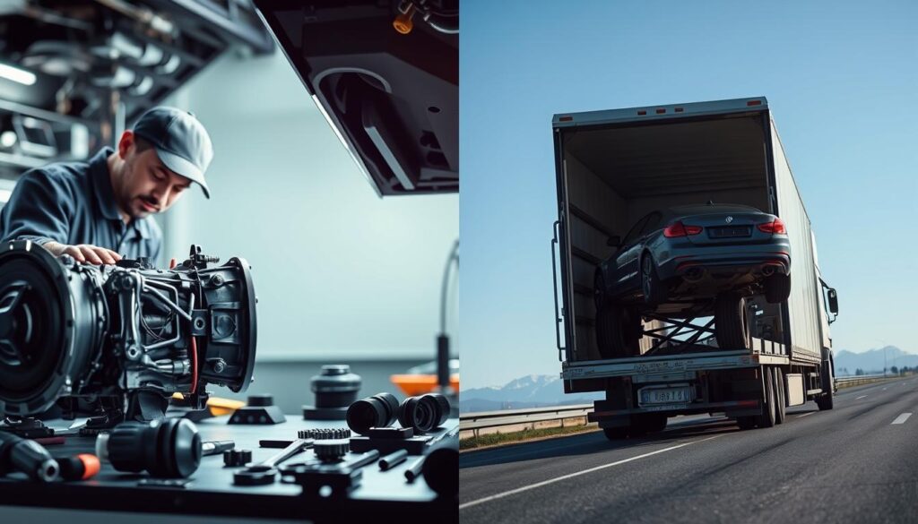 A split-screen image depicting two contrasting scenarios: on the left, a detailed mechanic's workspace showcasing a car transmission, tools laid out neatly, and a mechanic in professional attire examining the transmission. Bright, focused lighting highlights the complexity of the transmission parts. On the right, a serene scene of a delivery truck prepared for car shipping, with a car secured on its back, set against a clear blue sky. Soft, natural lighting casts the scene in a tranquil atmosphere. The background features a highway and distant mountains, implying distance. The overall mood balances technical precision with thoughtful consideration, visually conveying the choice between repairing a transmission and shipping a car.