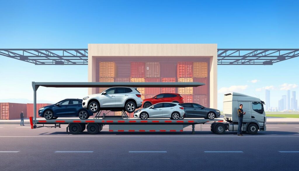 A streamlined vehicle transport process illustration. In the foreground, a professional-looking car transport truck loaded with various vehicles, showcasing an organized and efficient loading system. In the middle ground, a warehouse with shipping containers, creating an industrial backdrop, with workers in professional attire overseeing the loading process. The background features a clear blue sky and distant city skyline of Los Angeles, symbolizing the destination. The lighting is bright and natural, suggesting late morning, with soft shadows under the vehicles and truck. The scene conveys a sense of professionalism, trust, and efficiency, suitable for conveying the steps of a car shipping process. A streamlined vehicle transport process illustration. In the foreground, a professional-looking car transport truck loaded with various vehicles, showcasing an organized and efficient loading system. In the middle ground, a warehouse with shipping containers, creating an industrial backdrop, with workers in professional attire overseeing the loading process. The background features a clear blue sky and distant city skyline of Los Angeles, symbolizing the destination. The lighting is bright and natural, suggesting late morning, with soft shadows under the vehicles and truck. The scene conveys a sense of professionalism, trust, and efficiency, suitable for conveying the steps of a car shipping process.