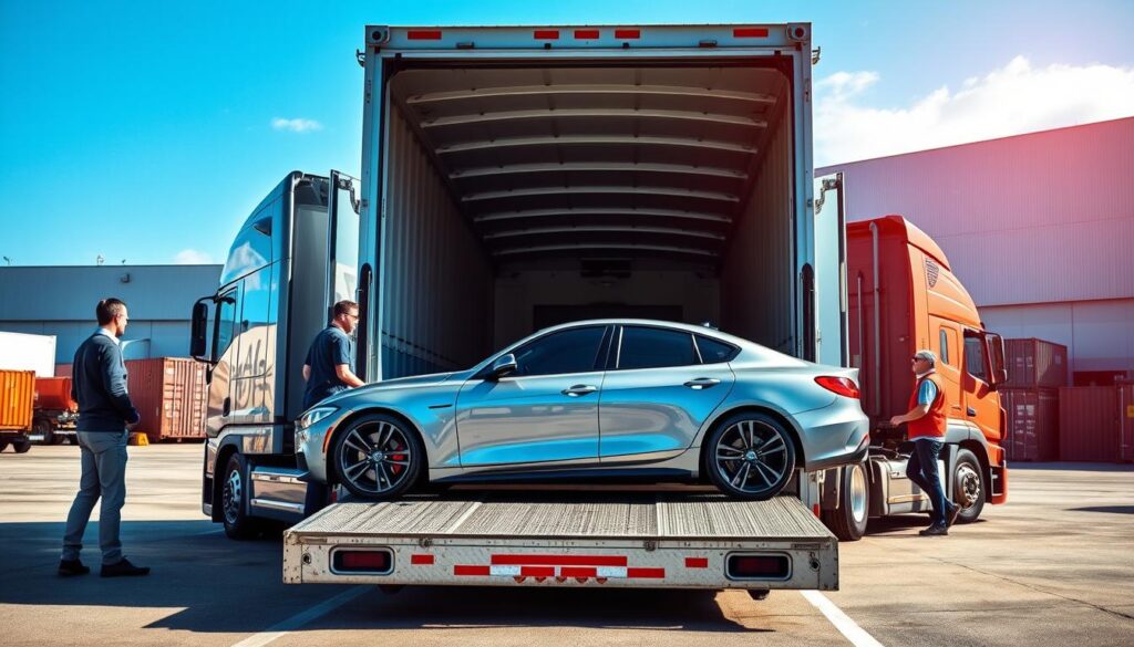 A vibrant and detailed scene illustrating the auto transport process. In the foreground, a sleek car is being loaded onto an open transport trailer by professional workers dressed in smart casual clothing, showcasing their attention to safety and efficiency. In the middle ground, the truck driver supervises the process, ensuring everything is secured properly. The background features a sunny day with a clear blue sky, large warehouses and shipping containers representing the logistics side of auto shipping. The lighting is bright and inviting, suggesting reliability and professionalism. Use a wide-angle lens perspective to capture the entire operation, showcasing the harmony between technology and teamwork in car shipping. The atmosphere should feel industrious yet reassuring, emphasizing a smooth transition between Castroville, TX to Los Angeles.
