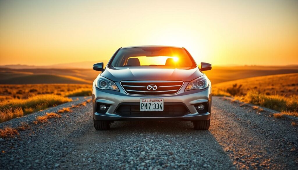 A vibrant scene depicting a Texas to California car shipping scenario. In the foreground, a clean, well-maintained car sits on a sunlit gravel path, showcasing colorful Texas and California license plates prominently. The middle ground features an open landscape with rolling hills that transition from Texas’s expansive pastures to California’s coastal vibes. In the background, a picturesque sunset casts a warm golden glow over the horizon, symbolizing the journey between the two states. The atmosphere is lively and inviting, capturing the excitement of car shipping. Use a wide-angle lens to create depth, with soft, natural lighting to highlight the car's features and the scenic surroundings. The overall mood should feel optimistic and adventurous, encouraging a smooth transition from Beeville, TX, to Los Angeles.