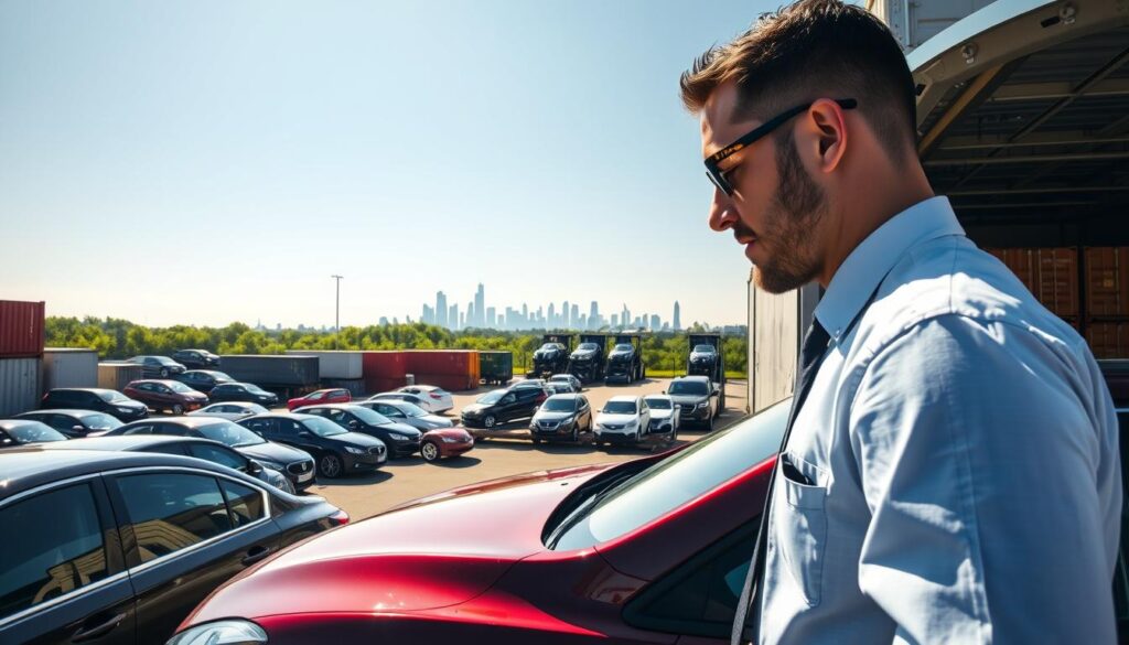 A vibrant scene depicting a bustling car shipping yard in Woodhaven, Michigan. In the foreground, a professional logistician in business attire is inspecting a row of shiny, newly arrived vehicles, highlighting the details of each car's exterior. The middle ground showcases various car carriers, some unloading and others preparing for transport, surrounded by well-organized stacks of shipping containers. In the background, clear blue skies and lush green landscaping add a touch of tranquility, while the distant silhouette of the city skyline represents the automotive industry thriving in the area. The lighting is bright and sunny, casting dynamic shadows that emphasize the movement and energy of the scene. The overall mood is one of professionalism and efficiency, conveying the essence of auto transport logistics.
