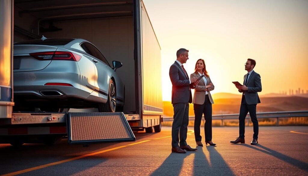 A vibrant scene depicting a professional car shipping service focused on the route from Paris, TX to Los Angeles. In the foreground, a sleek, well-maintained car is loaded onto a modern car transport truck, showcasing a bright exterior. The middle ground features two professionals in tailored business attire, discussing logistics with a tablet in hand. The background shows a clear sky transitioning to a sunset, with distant hills and a glimpse of Los Angeles skyline in the far horizon. Warm golden lighting casts a welcoming glow over the entire scene, enhancing the atmosphere of reliability and professionalism. The angle is slightly elevated, capturing both the car transport and the professionals engaging in conversation, presenting a sense of trust and efficiency in car shipping services. A vibrant scene depicting a professional car shipping service focused on the route from Paris, TX to Los Angeles. In the foreground, a sleek, well-maintained car is loaded onto a modern car transport truck, showcasing a bright exterior. The middle ground features two professionals in tailored business attire, discussing logistics with a tablet in hand. The background shows a clear sky transitioning to a sunset, with distant hills and a glimpse of Los Angeles skyline in the far horizon. Warm golden lighting casts a welcoming glow over the entire scene, enhancing the atmosphere of reliability and professionalism. The angle is slightly elevated, capturing both the car transport and the professionals engaging in conversation, presenting a sense of trust and efficiency in car shipping services.
