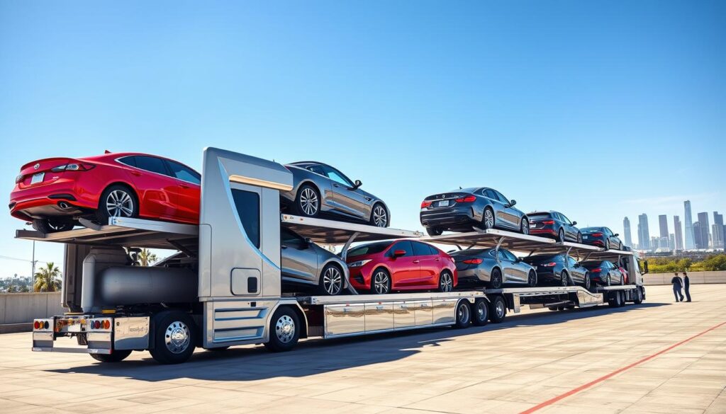 A vibrant scene depicting a professional car shipping service in action, with a sleek transport truck loaded with brightly colored vehicles, positioned prominently in the foreground. The truck, featuring a polished, modern design, showcases a variety of cars including sedans and SUVs. In the middle ground, a wide-open loading area under a clear blue sky illustrates the efficiency of car shipping operations, with workers in professional attire coordinating the loading process. The background features a distant view of iconic Los Angeles landmarks, subtly hinting at the destination. The lighting is bright and inviting, capturing a sense of optimism and reliability, while the overall atmosphere conveys trust and professionalism in vehicle transport. The angle captures the action dynamically, emphasizing movement and organization.