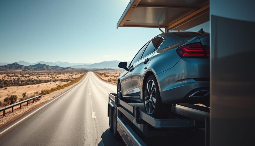 A visually striking image depicting reliable auto transport, featuring a well-maintained car carrier truck in focus, transporting a sleek sedan securely strapped down. The foreground highlights the shining truck and vehicle, with bright metallic colors reflecting sunlight. In the middle ground, a scenic view of the highway stretches towards the horizon, surrounded by desert landscapes, symbolizing the journey from Hondo, TX to Los Angeles. In the background, the iconic silhouette of palm trees and distant mountains represents the California landscape. The lighting is bright and sunny, conveying a sense of warmth and trust. The overall mood is professional yet inviting, emphasizing reliability and safety in car shipping services. No text or additional elements included. A visually striking image depicting reliable auto transport, featuring a well-maintained car carrier truck in focus, transporting a sleek sedan securely strapped down. The foreground highlights the shining truck and vehicle, with bright metallic colors reflecting sunlight. In the middle ground, a scenic view of the highway stretches towards the horizon, surrounded by desert landscapes, symbolizing the journey from Hondo, TX to Los Angeles. In the background, the iconic silhouette of palm trees and distant mountains represents the California landscape. The lighting is bright and sunny, conveying a sense of warmth and trust. The overall mood is professional yet inviting, emphasizing reliability and safety in car shipping services. No text or additional elements included.