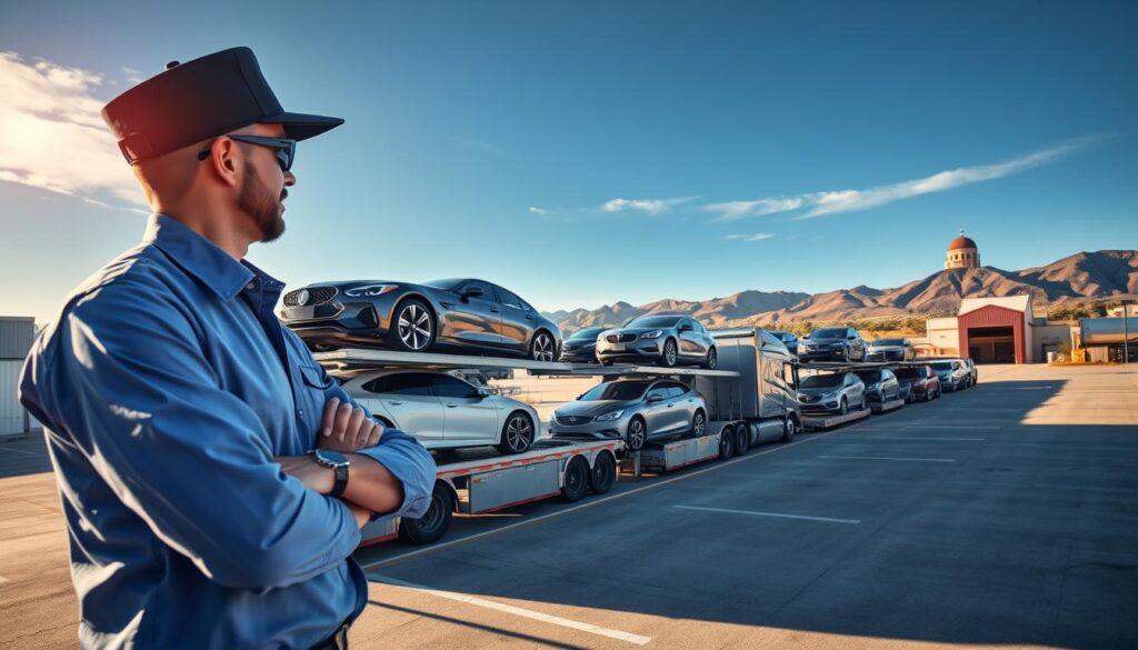 A well-organized logistics yard in San Marcos, Texas, featuring a modern car transport truck with a sleek trailer loaded with various vehicles, including sedans and SUVs, ready for shipping to Los Angeles. In the foreground, a professional driver dressed in a crisp uniform attentively coordinates the loading process, displaying professionalism and efficiency. The middle ground showcases the transport trucks lined up under a clear blue sky, with soft sunlight casting gentle shadows. In the background, there are hints of San Marcos architecture and distant mountains, reinforcing the Texas landscape. The composition captures a mood of reliability and professionalism, emphasizing the importance of secure vehicle transport. The scene is shot with a wide-angle lens, providing a sense of depth and clarity, with vibrant colors enhancing the visual appeal.