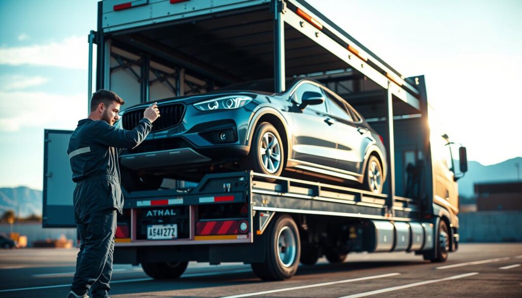 An auto transport vehicle in a secure loading area, showcasing a professional driver inspecting a car on a multi-level carrier. In the foreground, the driver, dressed in a neat blue uniform, is checking the safety straps. The middle section presents the auto transport truck, gleaming under the afternoon sun, highlighting its robust frame and advanced safety features. The background features a clear sky and distant mountains, adding depth and context. Soft natural lighting enhances the scene, while a low-angle perspective emphasizes the vehicle’s size and sturdiness. The atmosphere conveys reliability and professionalism, illustrating the commitment to safe and secure auto transport. An auto transport vehicle in a secure loading area, showcasing a professional driver inspecting a car on a multi-level carrier. In the foreground, the driver, dressed in a neat blue uniform, is checking the safety straps. The middle section presents the auto transport truck, gleaming under the afternoon sun, highlighting its robust frame and advanced safety features. The background features a clear sky and distant mountains, adding depth and context. Soft natural lighting enhances the scene, while a low-angle perspective emphasizes the vehicle’s size and sturdiness. The atmosphere conveys reliability and professionalism, illustrating the commitment to safe and secure auto transport.