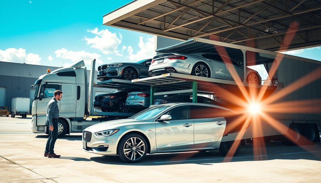 An organized auto transport process scene, featuring a car carrier truck parked at a loading dock. In the foreground, a professional vehicle loading crew in business casual attire carefully secures a sleek sedan as they prepare it for transport. The middle layer shows the car carrier, with several vehicles safely loaded and secured on its multiple levels, highlighting the efficiency of the auto transport process. In the background, a sunny day in Odessa, Texas, with modern warehouses and logistics facilities, adds context. Soft shadows and natural lighting create a welcoming atmosphere, with a slight lens flare capturing the essence of progress and reliability in car shipping services. The overall mood reflects professionalism and trust in the auto transport industry.