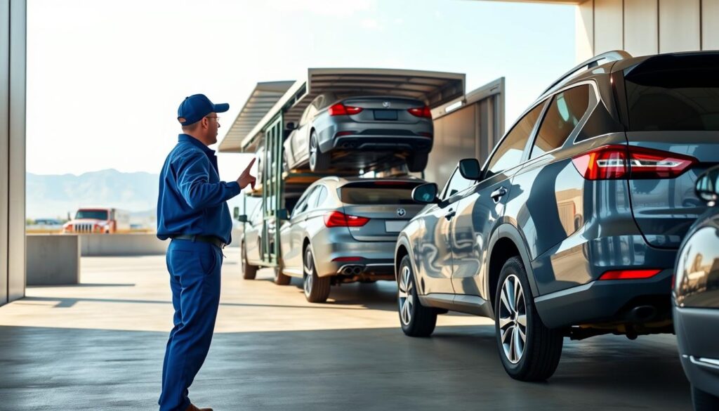 An organized auto transport process scene showcasing vehicles being loaded onto an open car carrier truck, set in a well-lit loading dock. In the foreground, a professional transport driver in a blue uniform gestures towards the neatly aligned cars, highlighting teamwork. The middle ground features a modern car carrier with two levels of vehicles, ensuring a safe, orderly transport environment. In the background, a clear sky suggests a bright afternoon, with distant mountains visible, adding context. Use natural lighting to create a realistic atmosphere, capturing the essence of reliability and professionalism in vehicle shipping. The angle should be slightly elevated, providing a comprehensive view of the entire process without distractions.