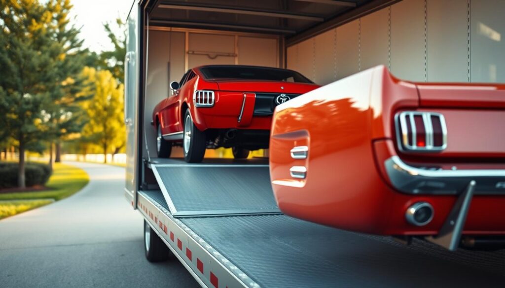 A beautifully restored classic car, such as a 1965 Mustang, meticulously loaded onto a specialized enclosed transport truck. In the foreground, the focus is on the vibrant car, showcasing its polished paint and gleaming chrome. In the middle ground, the transport truck features advanced securing mechanisms to ensure the vehicle's stability and protection. The background depicts a tranquil outdoor setting, perhaps a pristine driveway lined with trees, capturing the essence of care and safety in transportation. The lighting is soft and warm, suggesting a late afternoon sun, casting gentle shadows. The angle of view is slightly low, emphasizing the grandeur of the classic car and its specialized transport, evoking a sense of importance and reverence for vintage vehicles. The overall mood is one of trust and professionalism, illustrating the need for careful transport of classic cars.