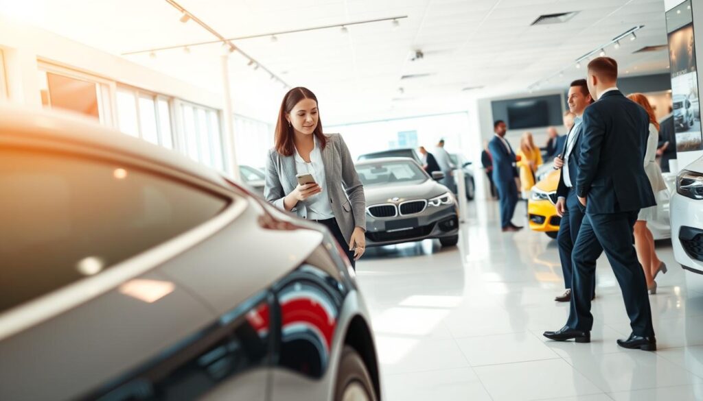 A bright and inviting car dealership showroom featuring a modern, sleek car prominently displayed in the foreground. The car should be in a polished finish, reflecting high-quality craftsmanship, with a dynamic angle showcasing its aerodynamic design. In the middle ground, a well-dressed business professional, male or female, is inspecting the car, exuding a sense of curiosity and contemplation, wearing smart casual attire appropriate for a car pickup. The background includes cheerful staff engaging with customers, with bright lighting illuminating the space, enhancing the welcoming atmosphere. The overall mood is positive and professional, inviting potential buyers to consider their car pickup experience. Use a wide-angle lens to capture the entire scene with depth, focusing on the car and the attentive customer interaction.