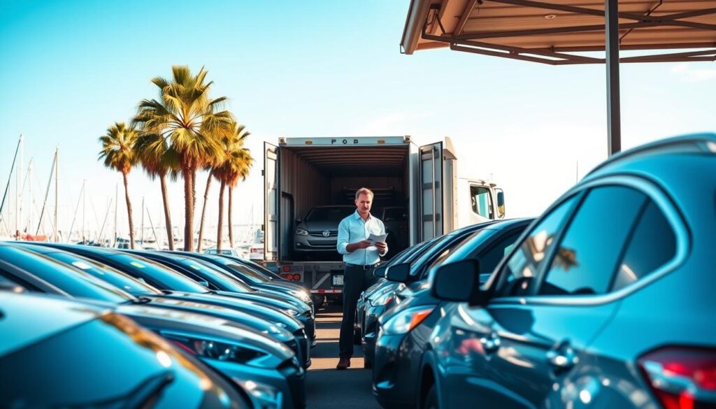 A bright and inviting scene at a busy car shipping terminal in San Diego, showcasing a variety of cars being loaded onto an open transport truck. In the foreground, neatly lined vehicles are ready for shipment, gleaming under the warm California sunlight. The middle ground features a skilled technician in professional attire, checking the shipping papers, ensuring everything is in order. The background reveals the iconic San Diego harbor, with sailboats and palm trees swaying gently in the breeze. The atmosphere is dynamic yet organized, with clear blue skies overhead and a hint of coastal charm. Capture the scene from a slightly elevated angle to encompass the action and the beautiful surroundings, emphasizing the logistics of car shipping in a coastal city.