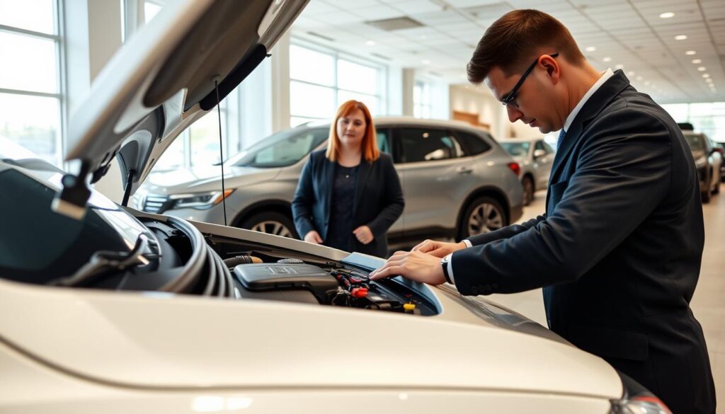 A bright and modern car dealership showroom interior during a pre-delivery inspection. In the foreground, a professional mechanic, dressed in a neat uniform, is attentively checking a shiny new sedan's engine under the hood, using a diagnostic tool. In the middle ground, a customer, a first-time car owner wearing smart casual attire, observes the inspection with a look of curiosity and excitement. In the background, pristine vehicles line the showroom, complemented by large windows letting in soft natural light. The atmosphere is one of professionalism, care, and anticipation, emphasizing the importance of thorough vehicle checks before delivery. The angle is slightly elevated, allowing a clear view of the mechanic's detailed work and the customer's reaction. A bright and modern car dealership showroom interior during a pre-delivery inspection. In the foreground, a professional mechanic, dressed in a neat uniform, is attentively checking a shiny new sedan's engine under the hood, using a diagnostic tool. In the middle ground, a customer, a first-time car owner wearing smart casual attire, observes the inspection with a look of curiosity and excitement. In the background, pristine vehicles line the showroom, complemented by large windows letting in soft natural light. The atmosphere is one of professionalism, care, and anticipation, emphasizing the importance of thorough vehicle checks before delivery. The angle is slightly elevated, allowing a clear view of the mechanic's detailed work and the customer's reaction.