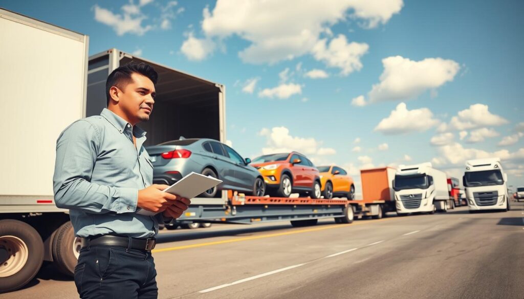 A bright, bustling car shipping terminal, showcasing various vehicles loaded onto transport trucks and trailers. In the foreground, a professional-looking transportation coordinator in smart casual attire oversees the loading process, clipboard in hand. The middle layer emphasizes a large, open trailer with several colorful cars, including a sedan and an SUV, securely fastened. The background features a clear blue sky with fluffy white clouds and additional trucks waiting in line, hinting at the efficiency of the operation. The scene is illuminated by warm daylight, creating a sense of optimism and reliability, perfect for students embarking on their new journeys. The angle is slightly elevated, providing a comprehensive view of the bustling activity below without any distractions.
