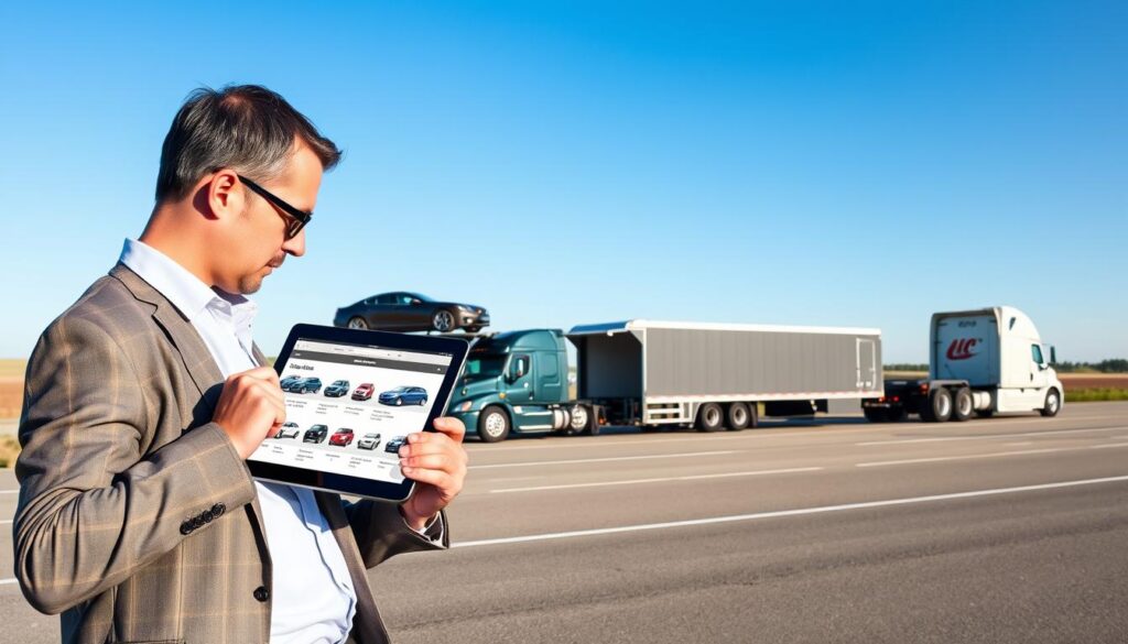 A bright, informative scene illustrating various auto transport options. In the foreground, a professional-looking person in business attire examines a digital tablet, displaying different shipping methods. In the middle, showcase a variety of transport vehicles: an open car carrier truck, an enclosed transport truck, and a flatbed truck, all parked next to each other against a clear blue sky. In the background, an Oklahoma landscape transitions into a Florida setting, hinting at the route taken. Use soft natural lighting with a focus on the vehicles, highlighting their features and condition, while creating a sense of reliability and professionalism. The atmosphere should feel modern and efficient, encouraging trust in the transport process.