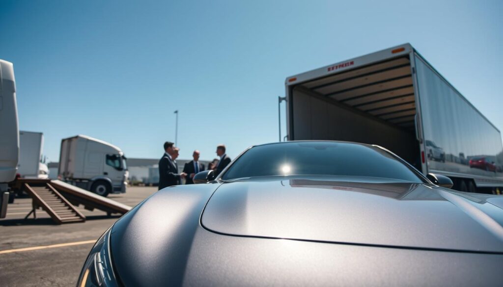 A bright, sunny day in a bustling New Jersey shipping yard, with a sleek, polished car ready for transport. In the foreground, the vehicle is centered, showcasing its glossy exterior reflecting the sunlight, hinting at its journey to California. To the left, an open truck appears, designed for vehicle transportation, with ramps set up for easy loading. In the middle ground, a group of professionally dressed individuals discuss shipping logistics, emphasizing a sense of professionalism and safety. The background features a clear blue sky and hints of nearby buildings or trees, establishing a busy yet orderly environment. The image is captured from a slightly elevated angle, highlighting both the car and the shipping process, creating an atmosphere of efficiency and readiness.