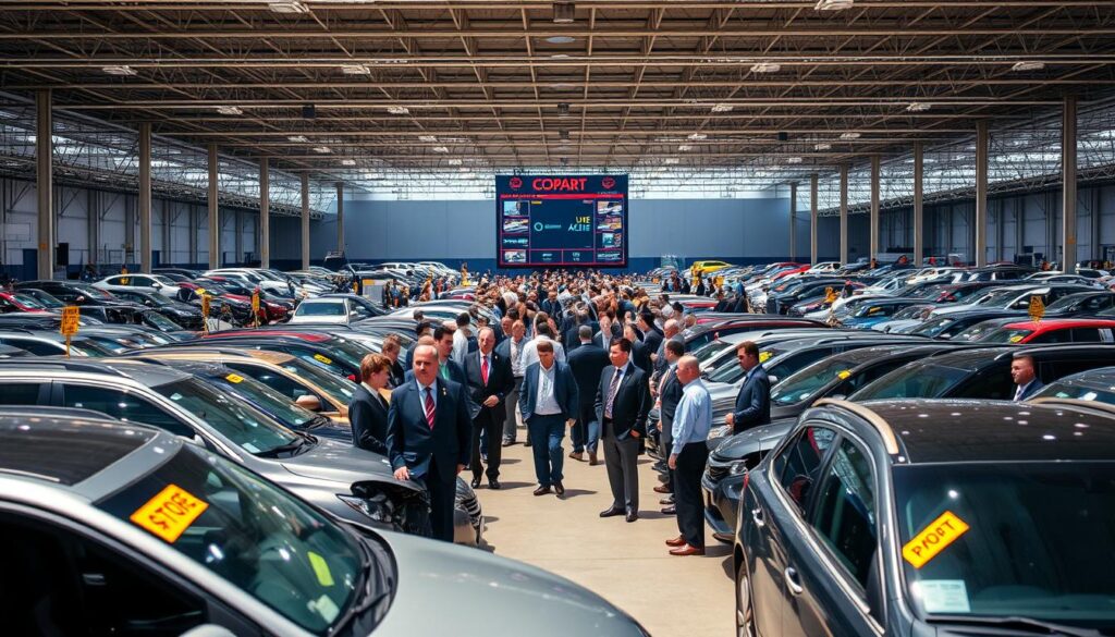 A bustling Copart auction environment featuring rows of vehicles, including cars with minor damages, clearly labeled with auction tags. In the foreground, a diverse group of professional bidders in business attire are closely examining the vehicles, discussing potential bids. The middle ground highlights a large digital display showing live auction progress, with vehicles being showcased prominently. In the background, a vast open area of the auction lot under bright daylight, creating a clear and vivid atmosphere. The scene captures the excitement and anticipation of bidding, with an emphasis on vehicle details and the active engagement of participants. The angle is slightly elevated to provide a comprehensive view of the auction floor, enhancing the dynamic ambiance.
