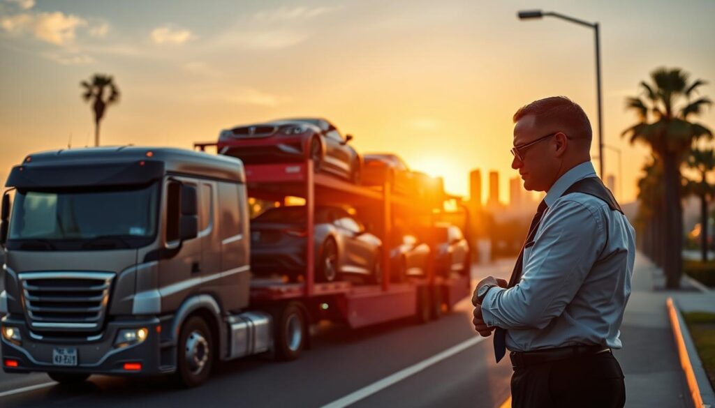 A bustling Los Angeles auto transport scene at sunset, showcasing a sleek car carrier truck loaded with high-end vehicles ready for shipping. In the foreground, a professional driver in business attire inspects the vehicles, emphasizing care and precision. The middle ground features the truck with Los Angeles landmarks subtly highlighted, such as palm trees and a distant view of the iconic skyline, hinting at the city’s vibrant atmosphere. The background captures a warm, golden sky transitioning to twilight, creating an inviting mood. Use a wide-angle lens perspective to encompass the scale of the transport and the environment, with soft natural lighting that enhances the colors of the vehicles and scenery, conveying a sense of efficiency and reliability in car shipping.