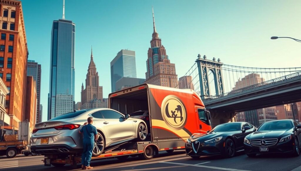 A bustling New York City street scene focused on car shipping. In the foreground, a sleek, modern car is being loaded onto a transport truck by a professional in a blue uniform. The middle ground features the truck, vividly painted with a logo, with some classic and luxury cars visible. The background captures iconic New York City architecture like skyscrapers and the Queensboro Bridge under a clear blue sky. The scene is bathed in warm, afternoon sunlight, casting soft shadows and enhancing the vibrant colors of the cars. The atmosphere is dynamic and organized, showcasing the efficiency of car shipping from Queens as part of a bustling urban environment. Aim for a medium-angle view to capture both the trucks and the skyline.