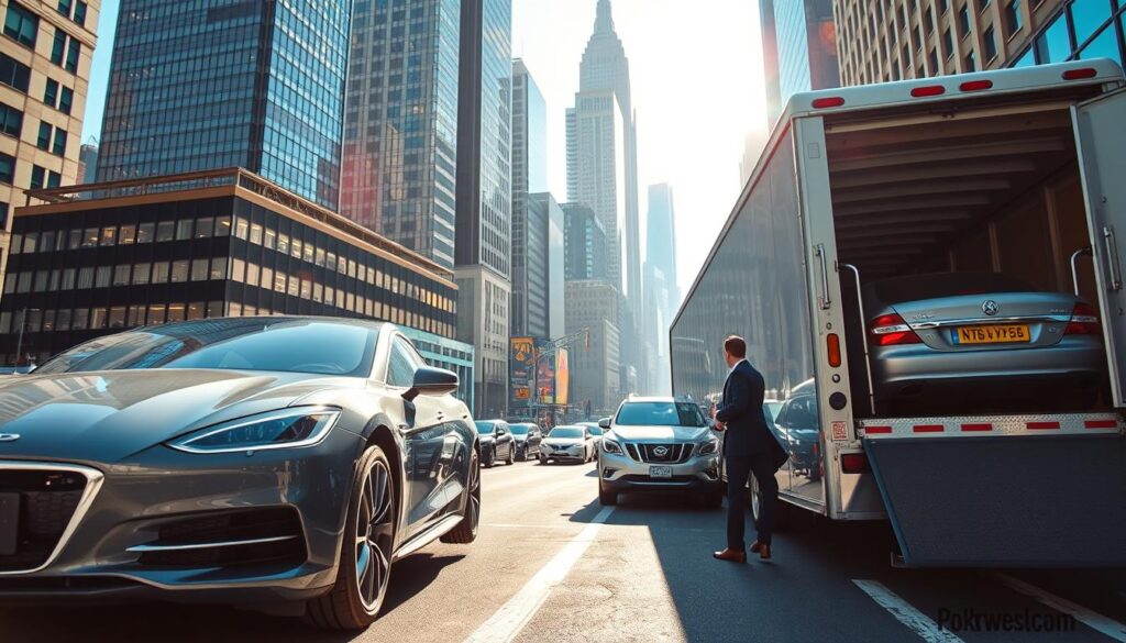 A bustling New York City street scene showcasing professional car shipping. In the foreground, a sleek, modern car is being loaded onto a shiny, enclosed transport truck, with a well-dressed auto transport professional guiding the process. In the middle, a line of various vehicles waits patiently to be transported, highlighting the efficiency of the service. The background features iconic NYC skyscrapers and vibrant city life, with clear blue skies and gentle sunlight illuminating the scene, casting realistic shadows. Use a wide-angle lens perspective to capture the bustling atmosphere and convey a sense of reliability and professionalism in the auto transport industry. The overall mood should be energetic yet organized, reflecting the importance of trusted car shipping services.