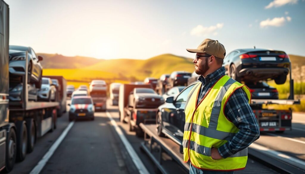 A bustling auto transport company setting, showcasing multiple car carriers in motion, some parked, and others being loaded with vehicles. In the foreground, a professional truck driver in a reflective safety vest inspects a car on a ramp, symbolizing attention to detail. The middle ground features various transport trucks, each loaded with pristine automobiles, gleaming under bright daylight. In the background, rolling green hills and a bright blue sky create an inviting atmosphere. The lighting is warm and natural, enhancing the vibrant colors of the vehicles. The scene conveys a sense of professionalism, reliability, and efficiency, making it clear that using professional auto transport is a superior choice for shipping cars.