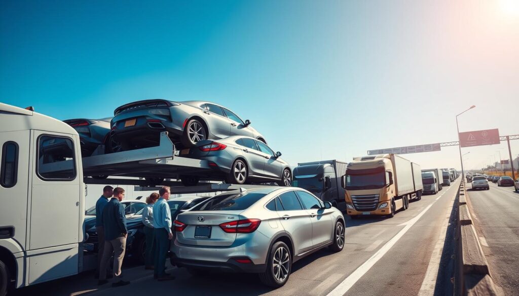 A bustling auto transport industry scene, featuring a modern car shipping terminal. In the foreground, several professional workers in business attire are inspecting vehicles on a multi-level carrier truck, with a clear blue sky overhead. In the middle, transport trucks are lined up, showcasing various vehicles ready for shipment, including sedans and SUVs. The vehicles shine under bright, natural sunlight, reflecting the care taken in their handling. In the background, a busy highway is visible with additional transport trucks and cars, illustrating brisk activity in the transport sector. The atmosphere conveys efficiency and professionalism, highlighting the scale and organization of the auto transport industry, with vibrant colors and dynamic angles to emphasize movement and progress. A bustling auto transport industry scene, featuring a modern car shipping terminal. In the foreground, several professional workers in business attire are inspecting vehicles on a multi-level carrier truck, with a clear blue sky overhead. In the middle, transport trucks are lined up, showcasing various vehicles ready for shipment, including sedans and SUVs. The vehicles shine under bright, natural sunlight, reflecting the care taken in their handling. In the background, a busy highway is visible with additional transport trucks and cars, illustrating brisk activity in the transport sector. The atmosphere conveys efficiency and professionalism, highlighting the scale and organization of the auto transport industry, with vibrant colors and dynamic angles to emphasize movement and progress.