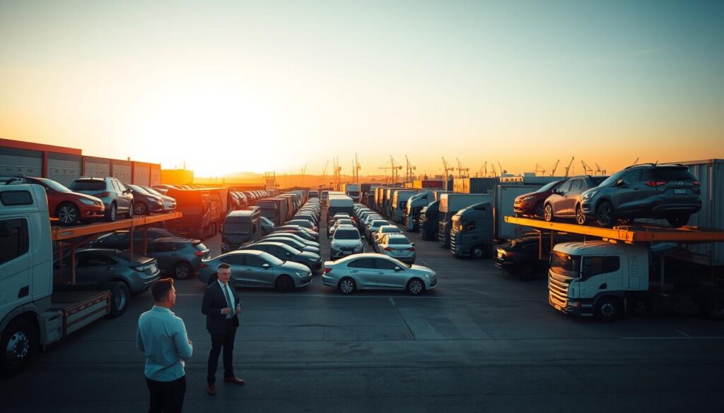 A bustling auto transport industry scene set in a logistics yard during golden hour, showcasing a variety of trucks and trailers loaded with cars. In the foreground, a professional in business attire interacts with a client, discussing shipment details. The middle ground features large transport trucks lined up, each carrying a diverse range of vehicles, from sedans to SUVs, showcasing the scale of the industry. The background consists of a clear sky transitioning to sunset hues, with distant warehouses and cranes silhouetted against the skyline. The lighting casts warm tones, creating an inviting, dynamic atmosphere that emphasizes professionalism and efficiency in the auto transport sector. The image captures both the complexity and reliability of the industry without any text or distractions.