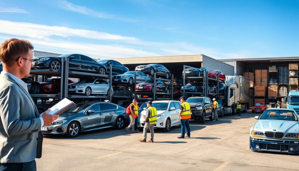 A bustling auto transport industry scene, showcasing a variety of vehicles being loaded onto multi-car transport trucks in a busy shipping yard. In the foreground, a professional-looking adult in business attire supervises the loading process, clipboard in hand, while various transport trucks are lined up, showcasing diverse cars, including sedans, SUVs, and classic cars. In the middle ground, workers in safety vests are efficiently securing the vehicles, while an expansive warehouse loaded with crates and auto parts is visible. The background reveals a clear blue sky with a hint of soft clouds, signifying a busy day at the transport facility. The image is well-lit, capturing the vibrant colors of the vehicles and the professionalism of the workers, with a slight depth of field effect executed from a low angle to emphasize the scale of the operation.