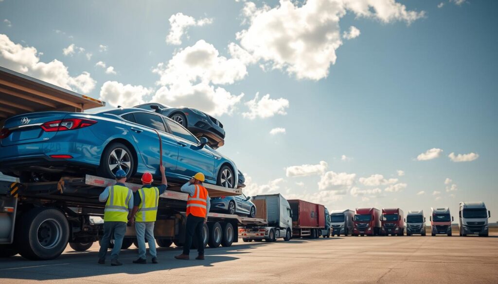 A bustling auto transport process scene set in an open freight yard, showcasing a range of vehicles being loaded onto a large car carrier truck. In the foreground, workers in professional attire, wearing safety vests and helmets, are carefully securing a bright blue sedan. In the middle ground, several transport trucks are lined up, showcasing diverse car models ready for shipping. The background consists of a clear blue sky with scattered clouds, casting soft sunlight over the yard, enhancing the vibrant colors of the vehicles. A slight depth of field effect focuses on the workers' precise actions while blurring the distant trucks. The atmosphere conveys a sense of efficiency and organization, capturing the pivotal steps in the auto transport process from Chicago to Dallas.