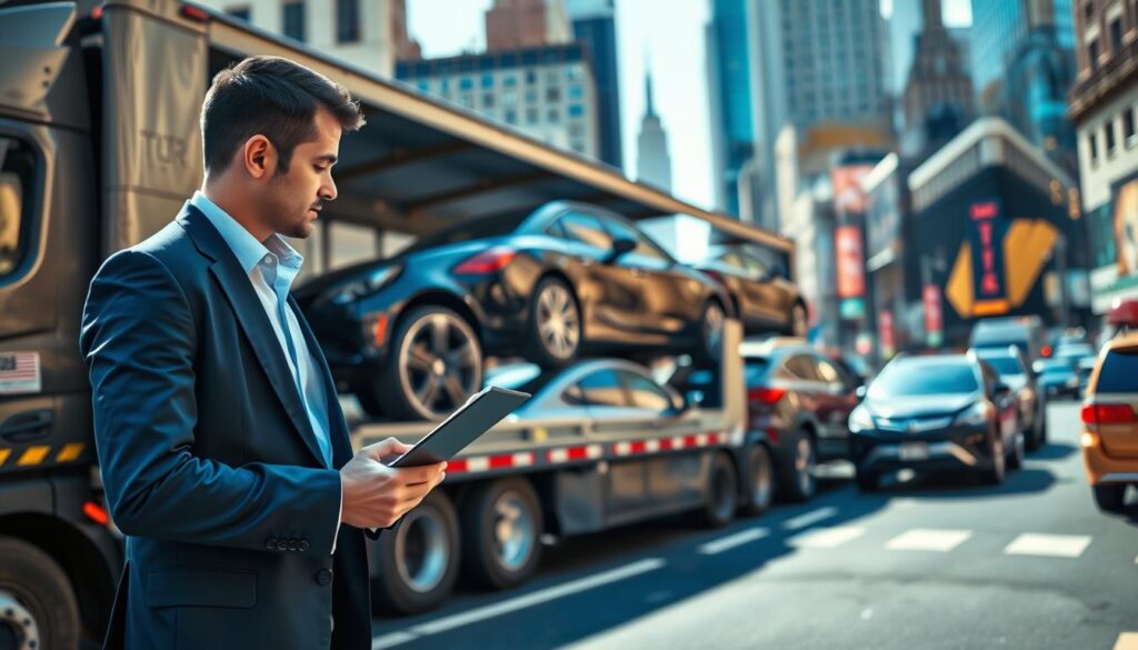 A bustling auto transport scene in New York City, featuring a professional courier inspecting a sleek car on a transport truck. In the foreground, capture the courier dressed in business attire, looking at a clipboard. The middle ground should show the transport truck loaded with several cars, some shiny and polished, parked on a busy street with iconic NYC landmarks like the Empire State Building or Times Square blurred in the background. The lighting should be bright and vibrant, suggesting midday, with soft shadows. Use a wide-angle lens perspective to portray the depth of the urban environment, creating a dynamic and energetic atmosphere that conveys the efficiency of the auto transport process. No text or watermarks should be present in the image.