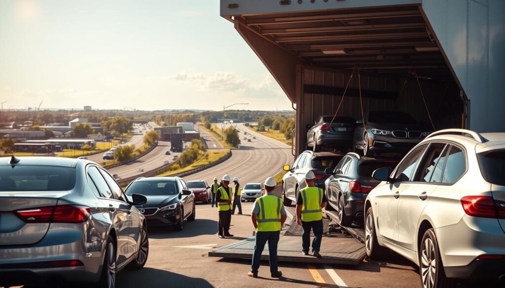 A bustling auto transport terminal in the foreground, showcasing several cars being loaded onto a large, open car hauler truck. The vehicles, a mix of sedans and SUVs, gleam under the bright midday sun, reflecting a sense of care and professionalism. In the middle ground, a team of workers dressed in safety vests and hard hats methodically organize and secure the cars for transport. In the background, a panoramic view of a busy highway stretches towards the horizon, flanked by green trees and industrial buildings, illustrating the journey from Tampa to Boston. The scene is bathed in warm, natural lighting, creating an inviting atmosphere, while a slight lens flaring adds a dynamic quality to the image. The overall mood is one of efficiency and reliability in the auto transport process.