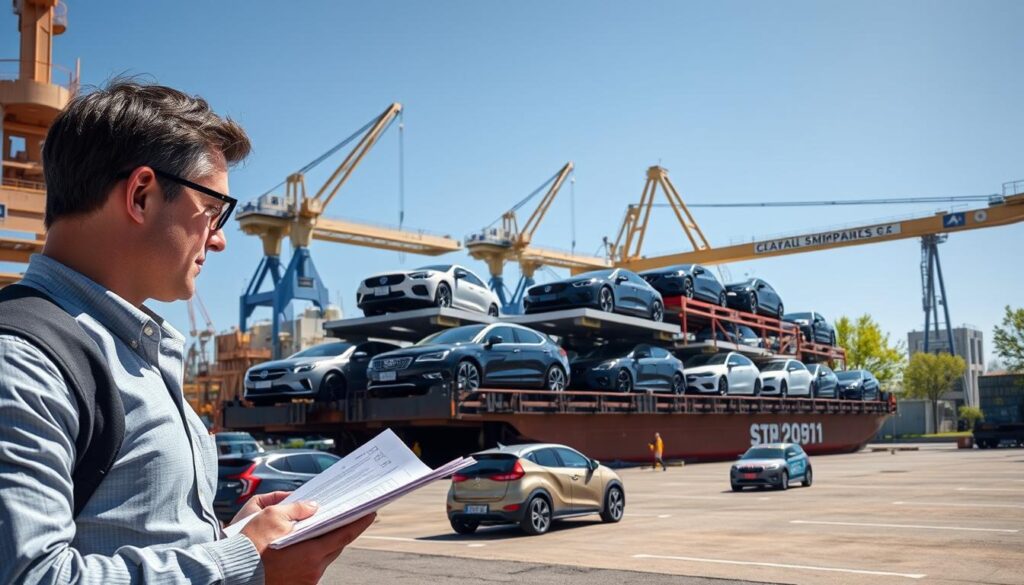 A bustling car shipping dock during spring, with several vehicles lined up on a large transport ship ready for shipment. In the foreground, a professional businessperson in smart casual attire examines shipping documents and converses with a shipping manager nearby. The middle ground features a sturdy car carrier loaded with various vehicles, showcasing a diverse range of car makes and colors, set against clear blue skies. In the background, cranes are operating, and green trees hint at the arrival of spring. The sun casts warm, natural light, illuminating the scene and creating a fresh, optimistic atmosphere. Capture this aspect from a slightly elevated angle to highlight the organized chaos of the shipping process.