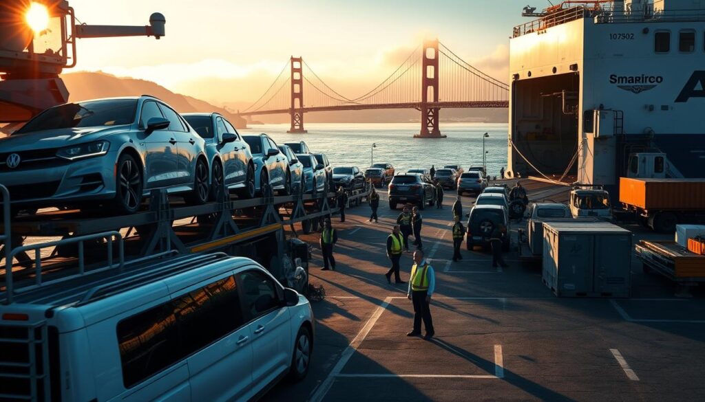 A bustling car shipping facility at dawn, capturing the moment when vehicles are being loaded onto a large transport ship. In the foreground, a modern car carrier truck with several cars securely fastened is parked, showcasing a vibrant array of colors. In the middle ground, workers in professional attire are carefully guiding vehicles onto the ship, surrounded by loading equipment and ramps, exuding a sense of organization and efficiency. The background features the San Francisco Bay with the iconic Golden Gate Bridge partially shrouded in morning fog, adding depth and context. Soft golden sunlight filters through, casting a warm glow on the scene, enhancing the mood of anticipation and readiness. The perspective is slightly elevated, providing a comprehensive view that encapsulates the entire operation.