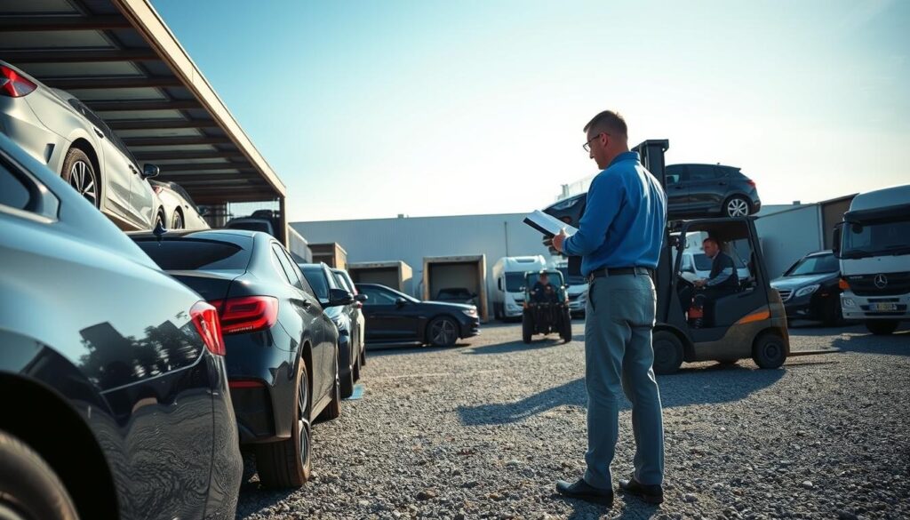 A bustling car shipping pickup scene at a logistics yard. In the foreground, a large, open car transport truck is being loaded with various vehicles, showcasing a mix of sleek sedans and rugged SUVs. A professional staff member in a blue uniform meticulously inspects the cars, clipboard in hand. In the middle ground, a second worker is directing a forklift, carefully maneuvering a car onto the transport truck. The background features several other transport trucks and vehicles waiting to be loaded, under a clear blue sky. The atmosphere is efficient yet dynamic, reflecting a busy operation. Soft afternoon sunlight casts gentle shadows, enhancing the textures of the vehicles and the gravel yard. Capture this scene from a slightly elevated angle to provide a comprehensive view of the operations.