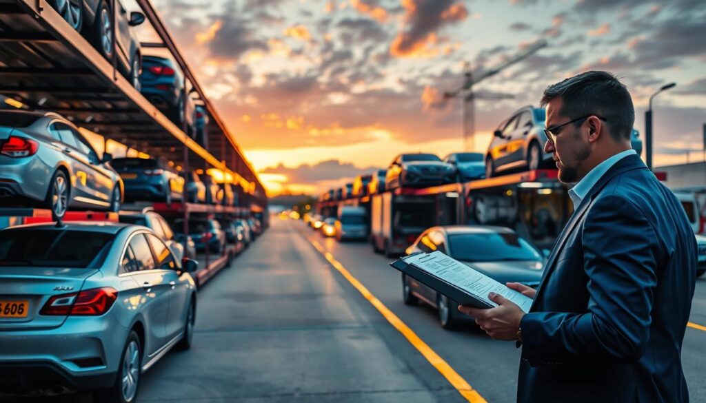 A bustling car shipping terminal at sunset, showcasing a diverse array of vehicles loaded onto multi-level transport trucks. In the foreground, a professional clad in a navy blue suit examines a car's condition on a clipboard, illustrating meticulous attention to detail. The middle ground features imposing transport trucks, some being loaded with vehicles, while others are in motion, highlighting efficiency in auto transport. The background displays a tranquil skyline with soft orange and purple hues reflecting off clouded skies, symbolizing affordable auto transport options. The atmosphere is busy yet organized, with warm ambient lighting creating a sense of professionalism and trustworthiness in car shipping. The angle captures a wide view, emphasizing the scale of the operation without any text or overlays.