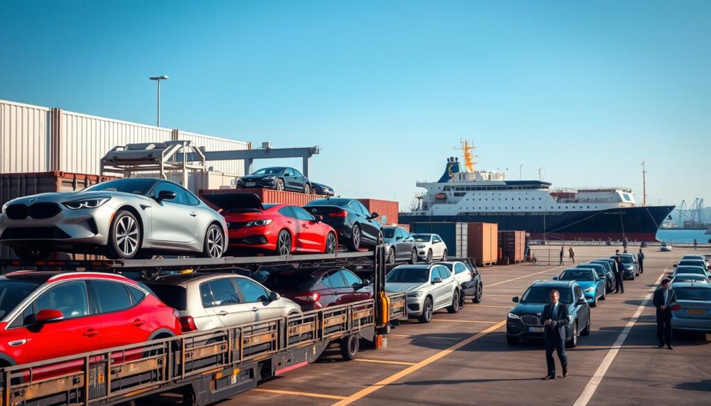 A bustling car shipping terminal during daylight, showcasing a variety of cars ready for transport. In the foreground, a transport truck is loaded with cars, displaying diverse makes and models, some in vibrant colors and others in sleek metallic finishes. The middle ground features shipping containers and storage areas, with workers, dressed in professional business attire, coordinating the loading process. In the background, a clear blue sky stretches over the facility, with the silhouette of a large shipping vessel docked at the harbor. Soft, natural lighting enhances the scene, casting gentle shadows, creating a professional yet dynamic atmosphere, emphasizing the logistics and efficiency of long-distance car shipping. The angle is slightly elevated, providing a comprehensive view of the terminal operations, while maintaining a polished, organized appearance throughout the image. A bustling car shipping terminal during daylight, showcasing a variety of cars ready for transport. In the foreground, a transport truck is loaded with cars, displaying diverse makes and models, some in vibrant colors and others in sleek metallic finishes. The middle ground features shipping containers and storage areas, with workers, dressed in professional business attire, coordinating the loading process. In the background, a clear blue sky stretches over the facility, with the silhouette of a large shipping vessel docked at the harbor. Soft, natural lighting enhances the scene, casting gentle shadows, creating a professional yet dynamic atmosphere, emphasizing the logistics and efficiency of long-distance car shipping. The angle is slightly elevated, providing a comprehensive view of the terminal operations, while maintaining a polished, organized appearance throughout the image.