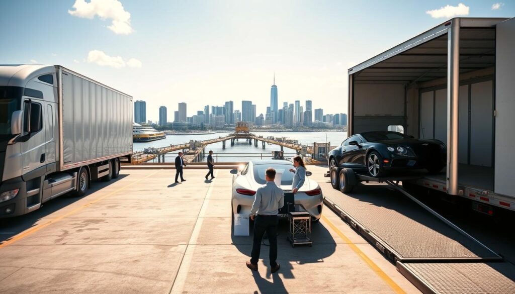 A bustling car shipping terminal, featuring a semi-truck with an enclosed transport trailer in the foreground, showcasing several luxury cars loaded securely inside. In the middle ground, a busy dock with workers in professional attire, unloading vehicles and interacting with delivery paperwork. The background depicts a vibrant Miami skyline with clear blue skies, transitioning to a depiction of New York’s iconic skyline in the distance, hinting at the journey ahead. Bright daylight illuminates the scene, casting soft shadows. The angle is slightly elevated, capturing both the operation and the grand cityscapes. The mood is energetic and organized, reflecting the efficiency of the auto transport process.