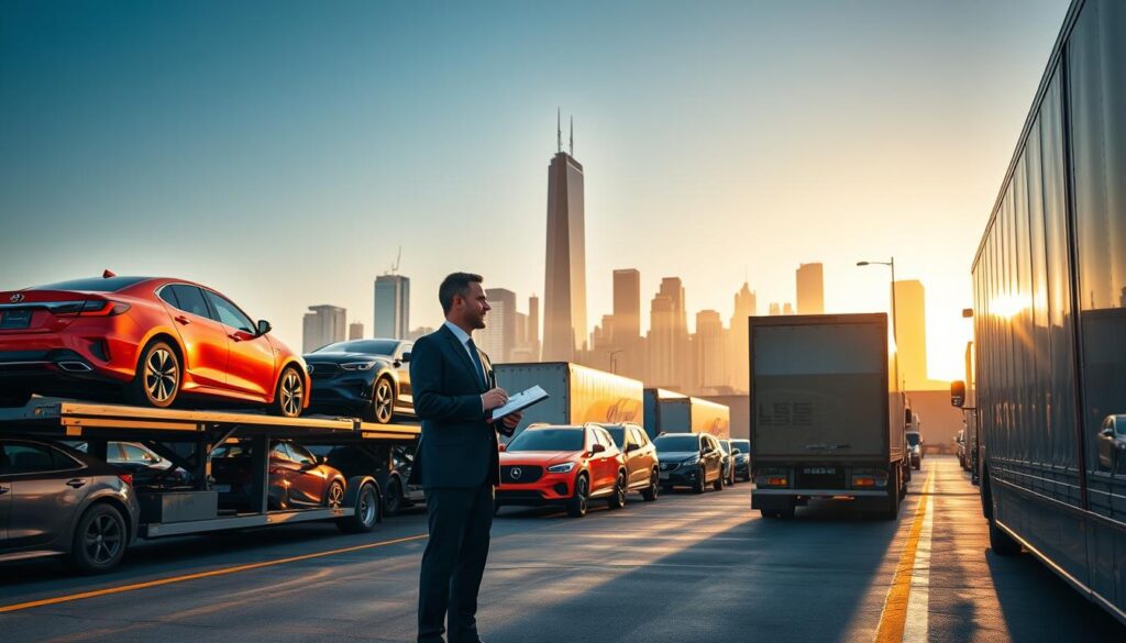 A bustling car shipping terminal in Chicago, showcasing rows of brightly colored cars carefully loaded onto large transport trucks ready for their journey. In the foreground, a professional driver in business attire inspects the cargo, with a clipboard in hand. The middle ground features several transport trucks lined up, while in the background, the iconic Chicago skyline glimmers under the soft morning light, creating a sense of anticipation for the journey ahead to Phoenix. The atmosphere is vibrant yet organized, capturing the excitement of relocating a vehicle. The lighting is warm, suggesting sunrise, enhancing the overall mood of hope and new beginnings as cars embark on their long trip across the country.